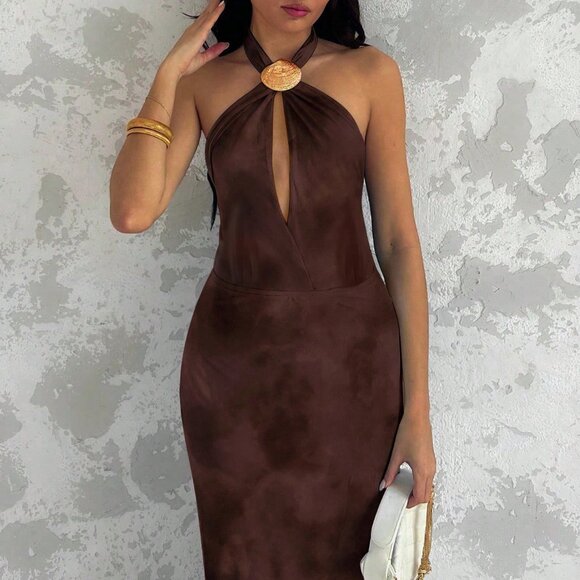 Coffee Brown Sexy Women's Sleeveless Shell Decor Backless maxi Dress - Picture 7 of 7